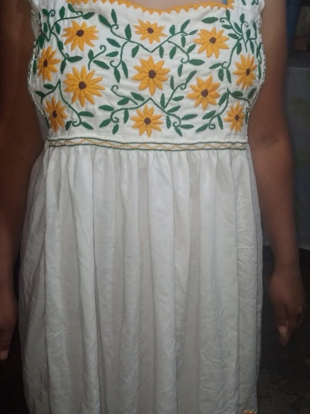 Hand-Embroidered Floral White Cotton Dress with Yellow Flowers